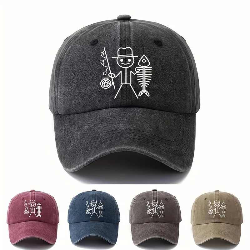 Printed cartoon man fishing baseball cap, outdoor curved brim cap, truck driver cap, vacation travel camping