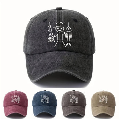 Printed cartoon man fishing baseball cap, outdoor curved brim cap, truck driver cap, vacation travel camping