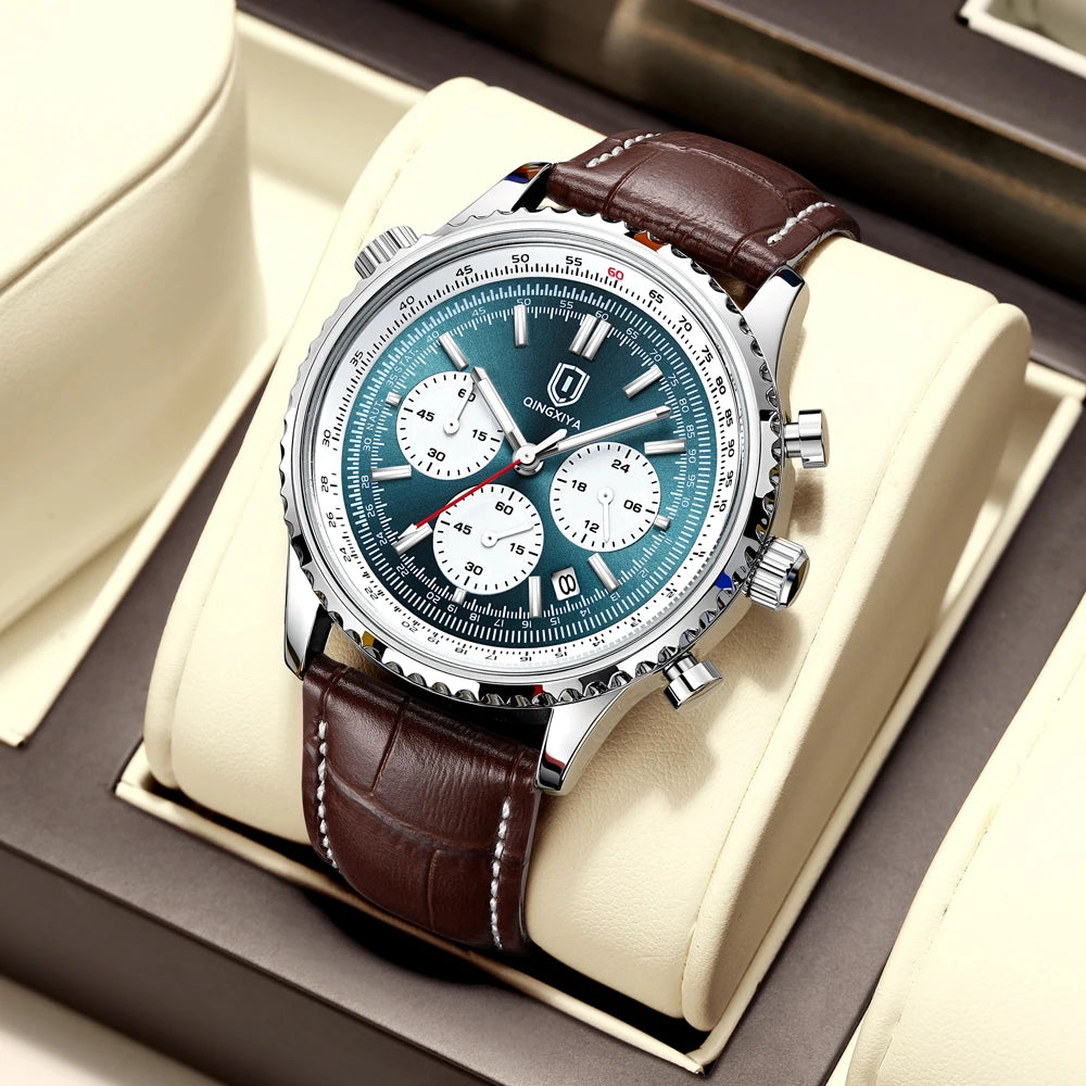 QINGXIYA Luxury Man Watch Quartz Waterproof Luminous Date Chronograph Leather Men Wristwatch Military Sports Men's Watches Reloj
