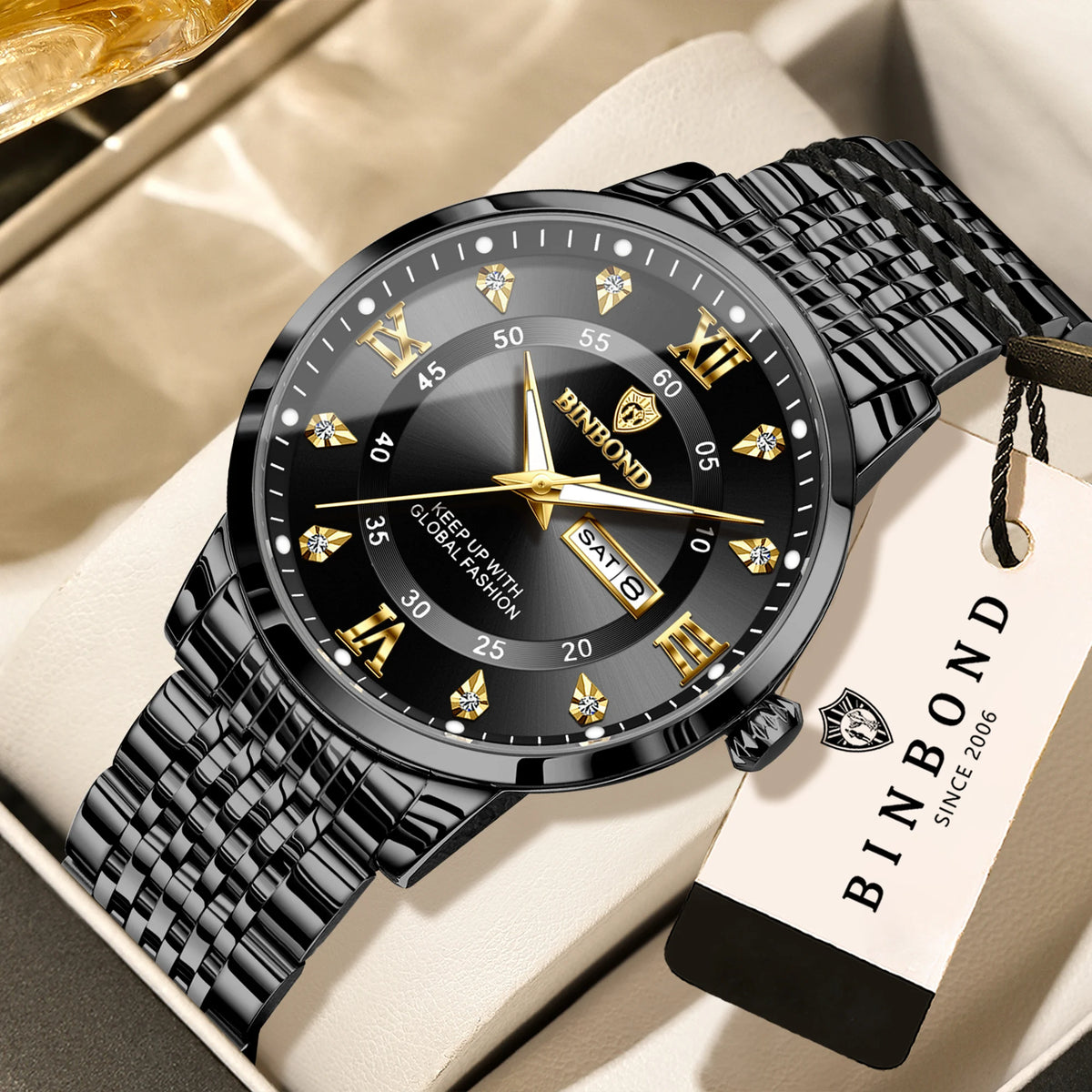 BINBOND luxury quartz wristwatch for men – Water-resistant, luminous, with day-of-the-week display – Business, sport, fashion and casual styles