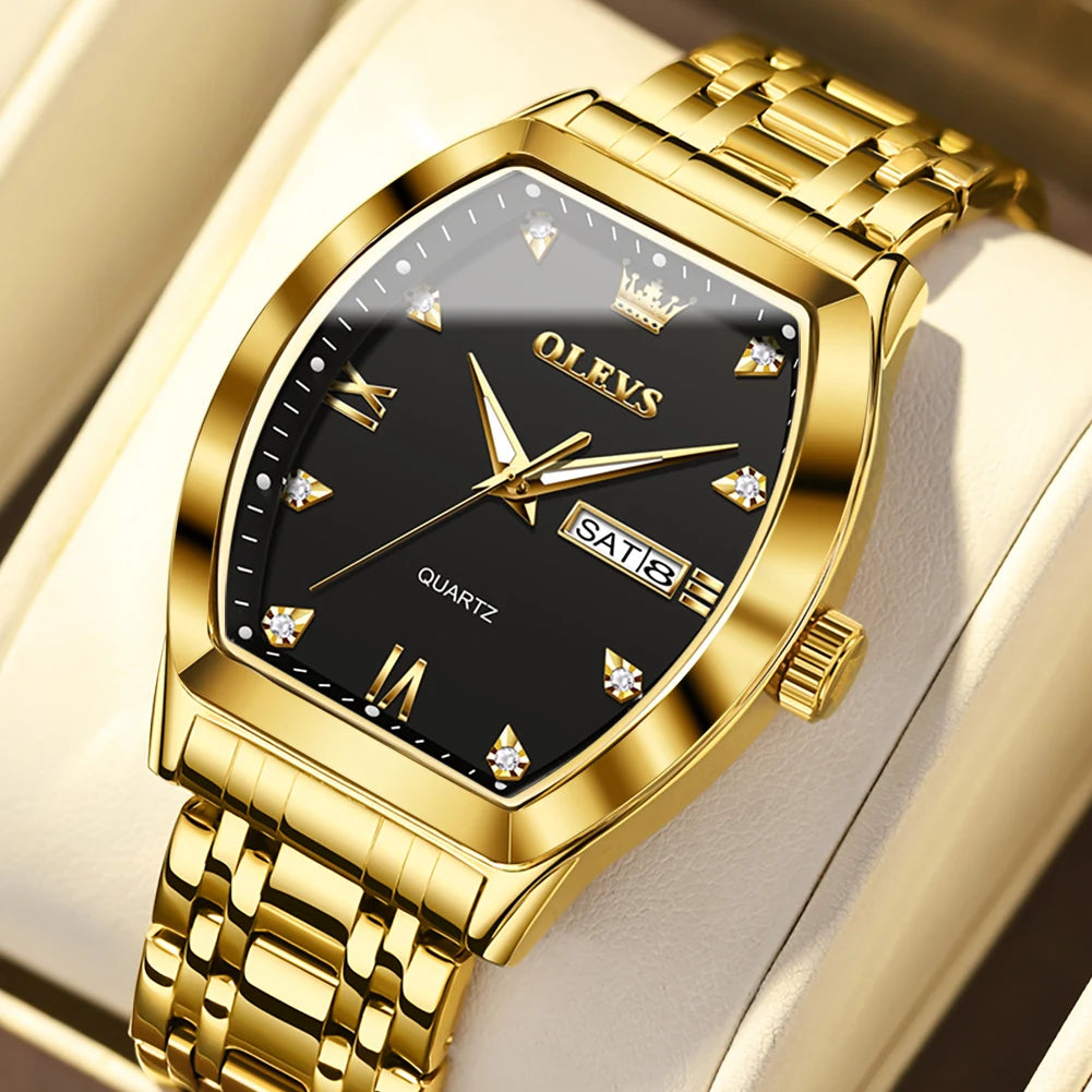 OLEVS Men's Watches Luxury Tonneau Original Top Brand Quartz Watch for Men Waterproof Luminous Week Date Male Wristwatch