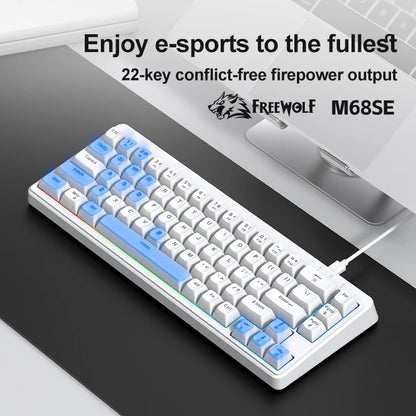 FREEWOLF M68SE Teclado Mini com Fio de 68 Teclas, Retroiluminação RGB, Type-C, Layout 68%, Compacto para Gaming, Escritório, PC e Portátil