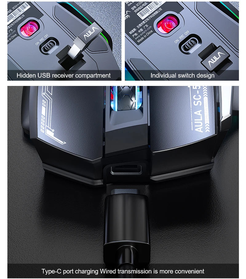 Ratón gaming AULA SC550 2.4G inalámbrico con macro, retroiluminación RGB, diseño ergonómico, ratón e-sports, accesorios para PC
