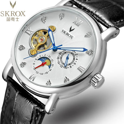 A luxury automatic mechanical watch for men, from a leading brand, featuring a tourbillon, a moon phase display and diamonds – an elegant wristwatch.