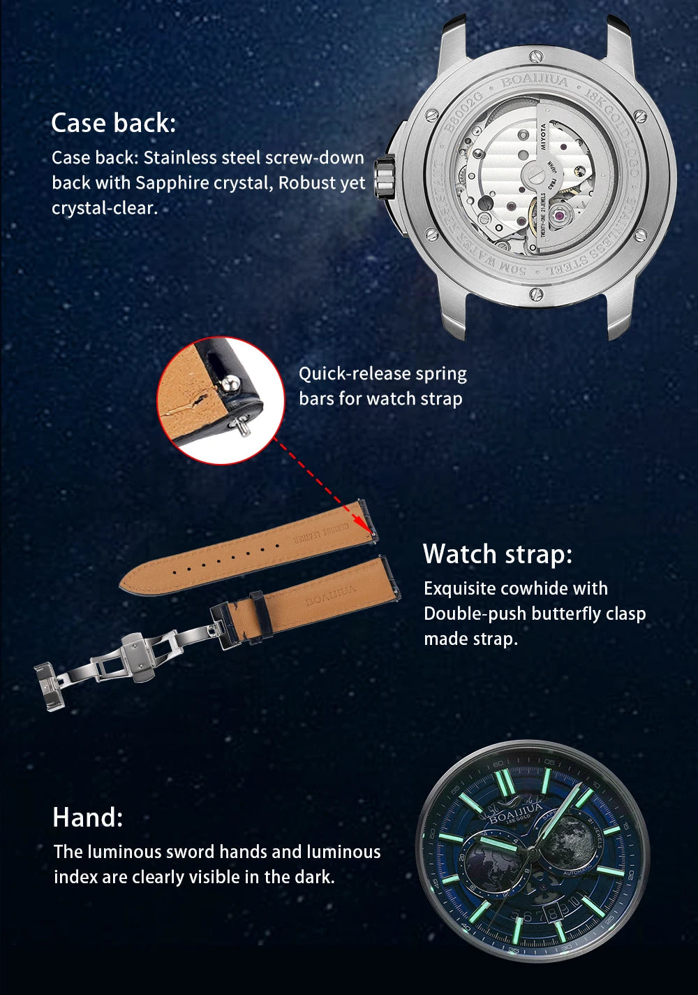 Reloj mecánico automático para hombre BORIAGE (BOAIJIUA), diseño original, resistente al agua, luminoso