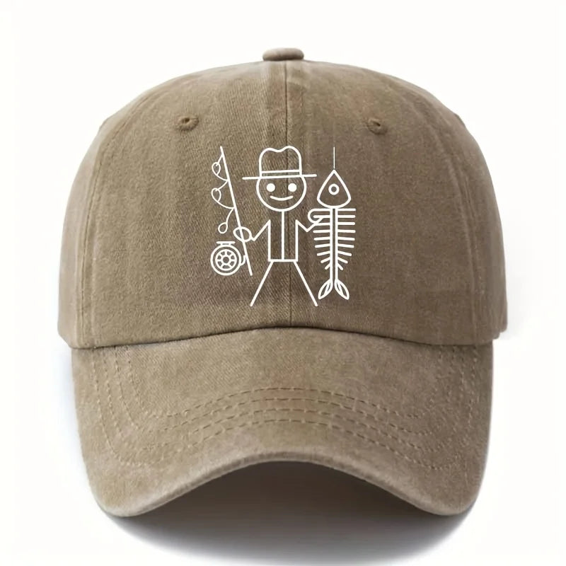 Printed cartoon man fishing baseball cap, outdoor curved brim cap, truck driver cap, vacation travel camping