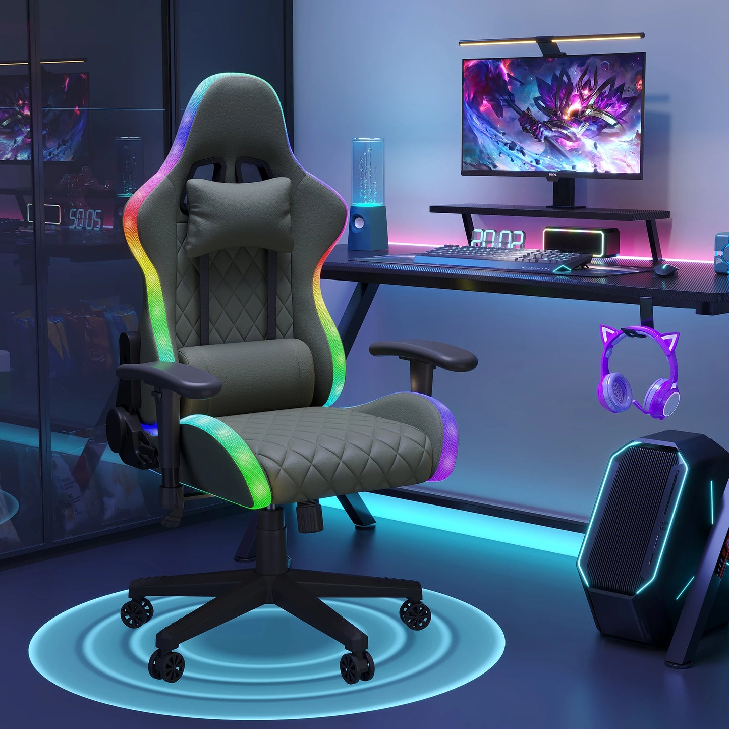 Ergonomic Office Chair with Lumbar Massage, LED RGB Ambient Lighting, and Reclining Backrest, for Home Offices