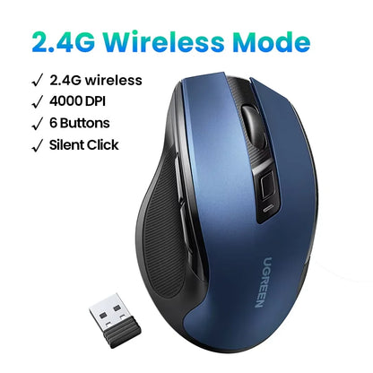 Ratón inalámbrico UGREEN Bluetooth 5.0 ergonómico 4000DPI con 6 botones silenciosos para MacBook, tabletas, portátiles, ordenador PC y conexión 2.4G