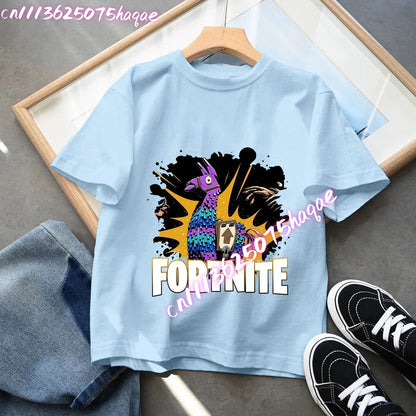T-shirt azul de algodão Fortnite para criança, camisola de manga curta Fortress Night para bebé, top kawaii com desenho animado para menino e menina, roupa de verão, prenda
