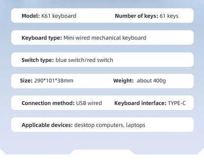 Teclado Mecânico Mini APAYADO K61, Com Fios, 61 Teclas, Phantom RGB, Switch Mecânico Vermelho/Azul Preto/Branco para Gaming, 60% Portátil