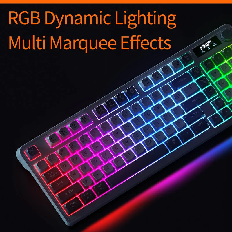 98 key Wireless Keyboard Knob Control BT/2.4g/Wired, RGB LED Backlight Display, 2000mA Battery for PC/Laptop