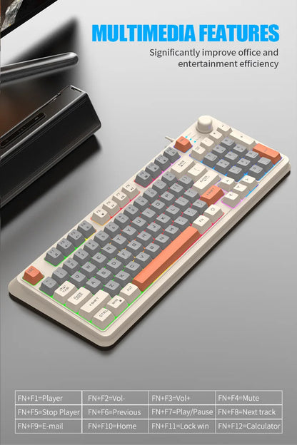 Teclado Gaming K81 com 81 Teclas, Layout 80%, Espanhol, Russo, Coreano e Árabe, USB com Fio, Luz RGB, Botão de Volume, Ergonómico