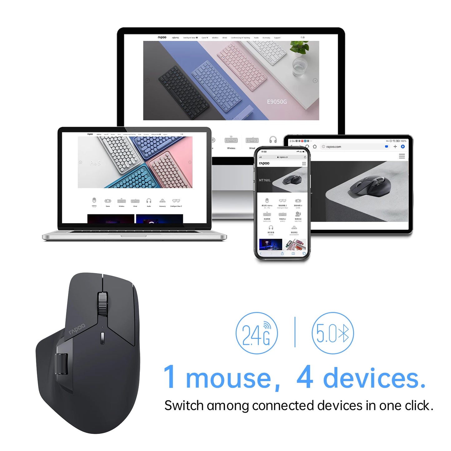 Rato Sem Fios Recarregável Multimodo Rapoo MT760L/MT760M Ergonómico 4000 DPI com Suporte até 4 Dispositivos Bluetooth