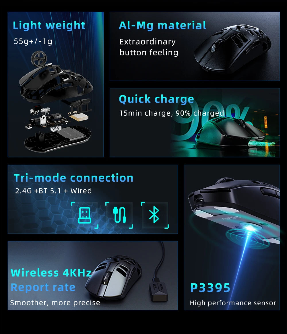 Rato Gaming Sem Fios DAREU Al-mg Tri-mode 8Khz PBT Quick Charge PAW3950 30000 DPI Leve para PC Gamer