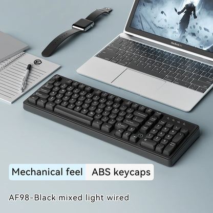 AJAZZ AF98 kabelgebundene/kabellose Tastatur mit mechanischem Tippgefühl, für das Büro, lange Akkulaufzeit, drei Modi, RGB-Mischbeleuchtung, ABS-Tastenkappen, ergonomisch