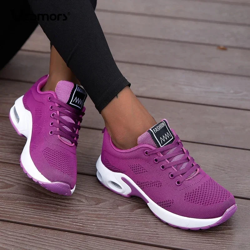 Ténis de moda para mulher, leves, para corrida, para desportos ao ar livre, em malha respirável, confortáveis, com almofada de ar e com atacadores