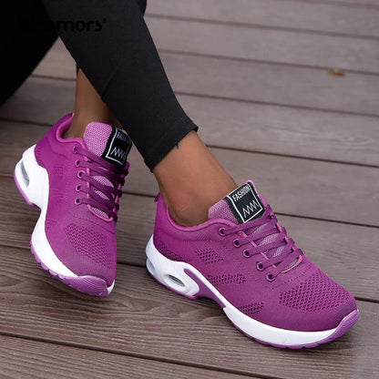 Ténis de moda para mulher, leves, para corrida, para desportos ao ar livre, em malha respirável, confortáveis, com almofada de ar e com atacadores
