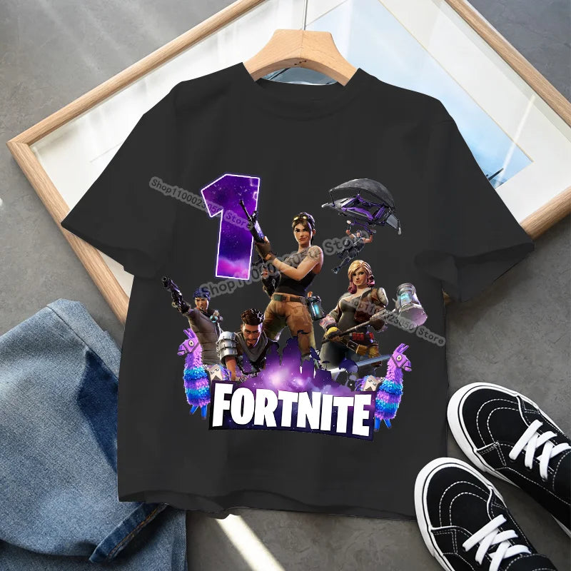 Camiseta infantil de cumpleaños Fortnite con número para niñas y niños, ropa de verano, camiseta de algodón para bebé, tops de manga corta para fiesta, regalo para niños pequeños
