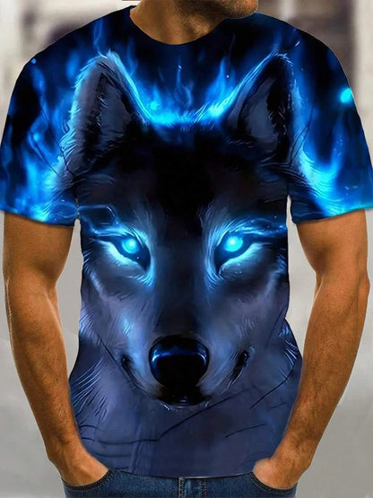 T-shirt de homem com estampado de lobo e olhos diferentes — T-shirt casual diária masculina, moda urbana streetwear, manga curta, verão, desporto ao ar livre