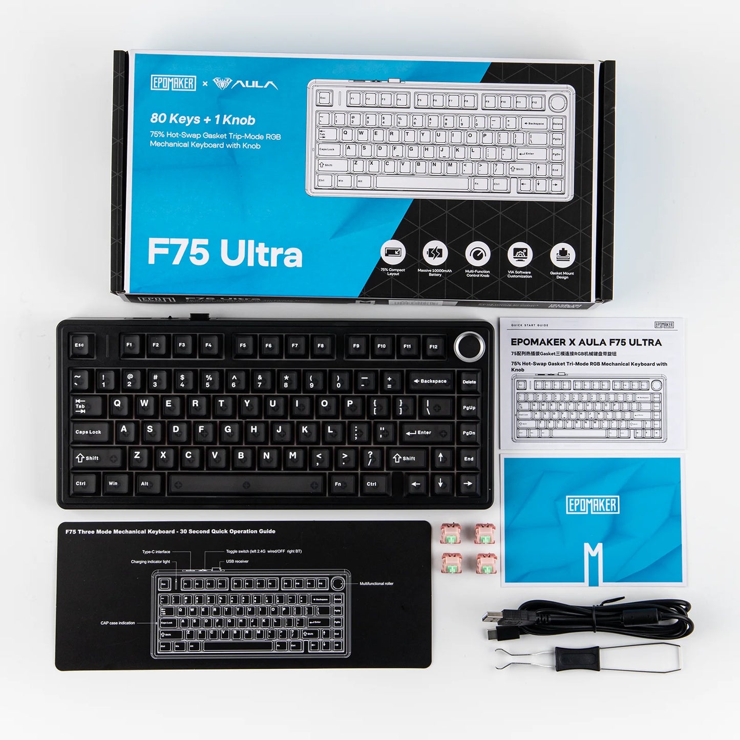 Teclado Mecânico EPOMAKER x AULA F75 Ultra VIA Programável 75% ANSI US QWERTY com Gasket, com Fios/Bluetooth/2.4Ghz Sem Fios
