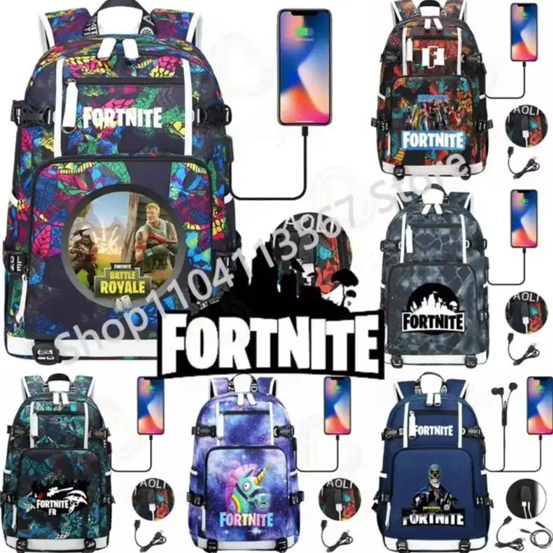 Ultima Knight F-Fortnited Battle Royale Rucksack mit USB-Ladeanschluss, Anime-Figuren und Studienfach für Schreibwaren für Schüler