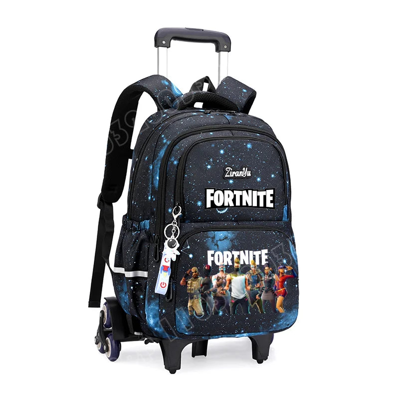 Mochila com Rodas Fortnite Anime, Impermeável, de Grande Capacidade, para Estudante — Saco Escolar Casual de Viagem com Carrinho e Subida Fácil de Escadas