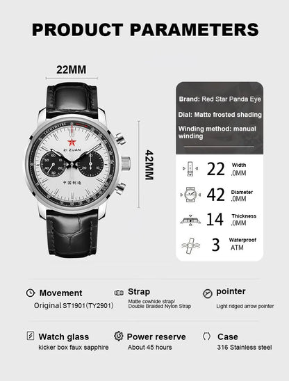Red Star Panda Men's 1963 Chronograph Mechanical Wristwatch Seagull ST1901 Movement Gooseneck 40mm Luminous Sapphire Pilot Watch