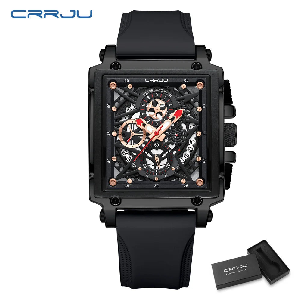 CRRJU Men's Sports Chronograph Wrist Watch For Men Army Silicone strap Square Quartz Stop Watch Clock Man Relogios Masculino