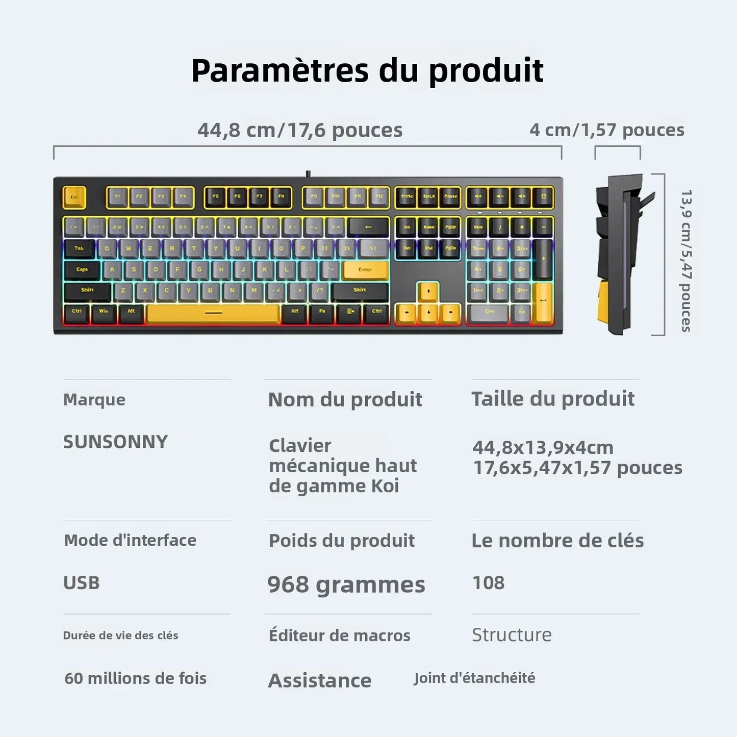 Teclado Gaming Mecânico com Fio de 108 Teclas e Retroiluminação RGB | Chip Gaming | Baixa Latência | Anti-Ghosting | para Jogadores de PC Win/Mac