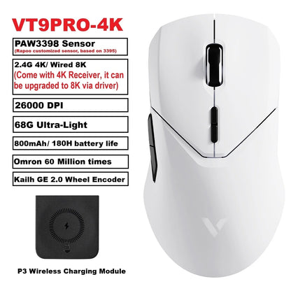 Mouse da gaming wireless Rapoo VT9PRO PAW3398 68g cablato programmabile ergonomico 26000DPI Type C ricaricabile accessorio per PC gamer