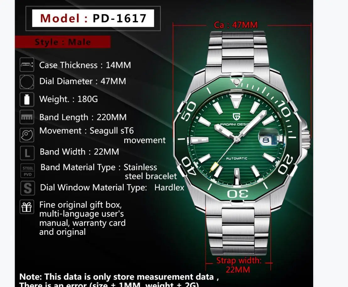2025 New Brand PAGANI DESIGN 1617 Men's Military Sport Mechanical Watches Waterproof Stainless Steel Top Brand Luxury Men's Watch