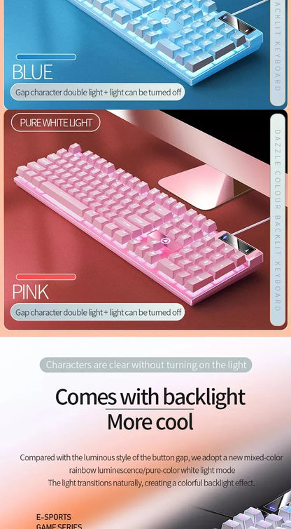 K500 Pink Keyboard Gaming-Tastatur in gemischten Farben mit weiß-rosa Tastenkappen, 104 Tasten, kabelgebunden, für Laptop und PC