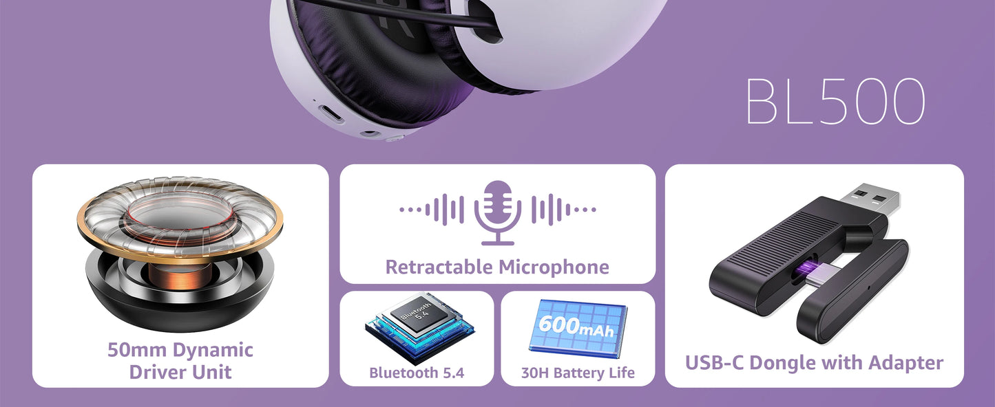 Casque Gaming Sans Fil Acinaci BL500 2.4G Bluetooth 5.3 et Filaire – Micro à Réduction de Bruit, Batterie 30H, Haut-Parleurs 50mm pour PC, PS5, PS4