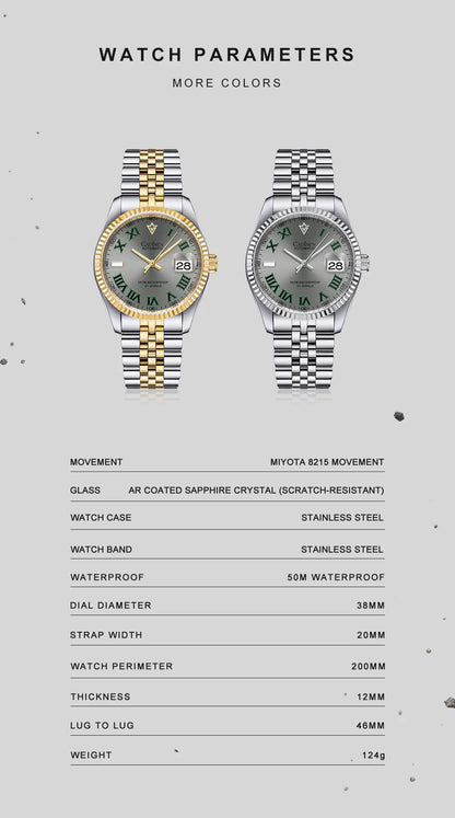 CADISEN 38MM Men's Automatic Mechanical Watch Luxury AR Sapphire Glass Water Resistant Stainless Steel MIYOTA 8215 Reloj Hombre