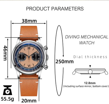 ADDIESDIVE AD2037 Men Quartz Watch Multifunctional 24 Hour Chronograph Black Dial Leather Watches 100m Dive Business Wristwatch