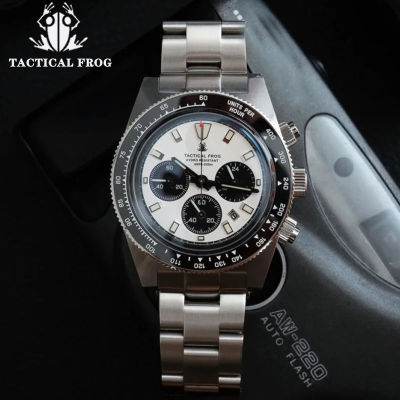 Tactical Frog 41mm Men's Chronograph Watch VS75 Solar Quartz Movement Waterproof Sapphire Green C3 Luminous Quartz Wristwatch