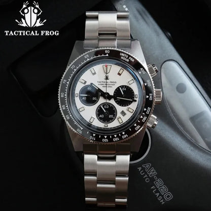 Tactical Frog 41mm Men's Chronograph Watch VS75 Solar Quartz Movement Waterproof Sapphire Green C3 Luminous Quartz Wristwatch