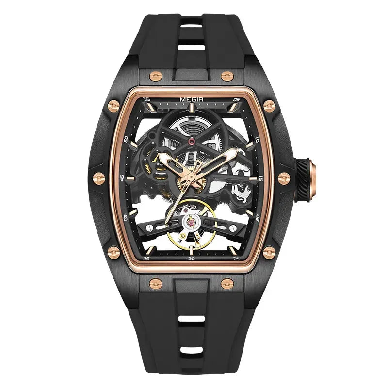 Relógio de pulso automático MEGIR para homem, com bracelete em silicone preto, impermeável, luminoso, desportivo e mecânico, com mostrador tonneau 2242