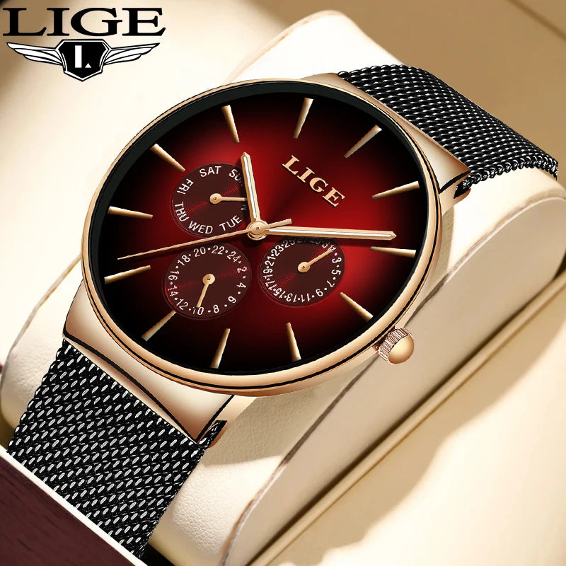 Montre pour femme LIGE, élégante et tendance – Style sport-décontracté, bracelet en maille, mouvement à quartz, affichage de la date et du jour, étanche.