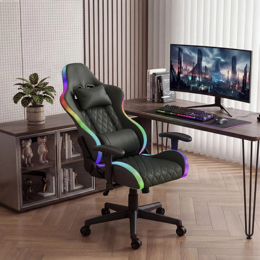 Ergonomic Office Chair with Lumbar Massage, LED RGB Ambient Lighting, and Reclining Backrest, for Home Offices