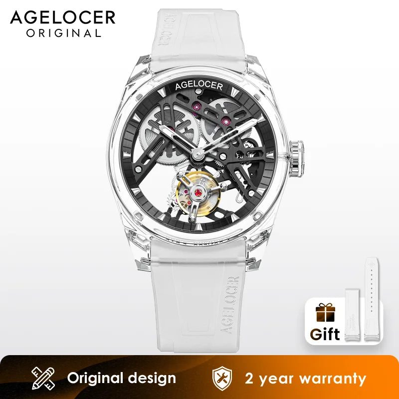 Orologio AGELOCER Limited Edition “Ice Never Melts” con tourbillon in cristallo a spirale libera, orologio meccanico manuale di lusso