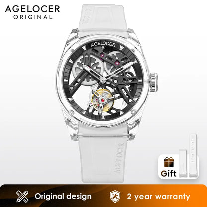 Orologio AGELOCER Limited Edition “Ice Never Melts” con tourbillon in cristallo a spirale libera, orologio meccanico manuale di lusso