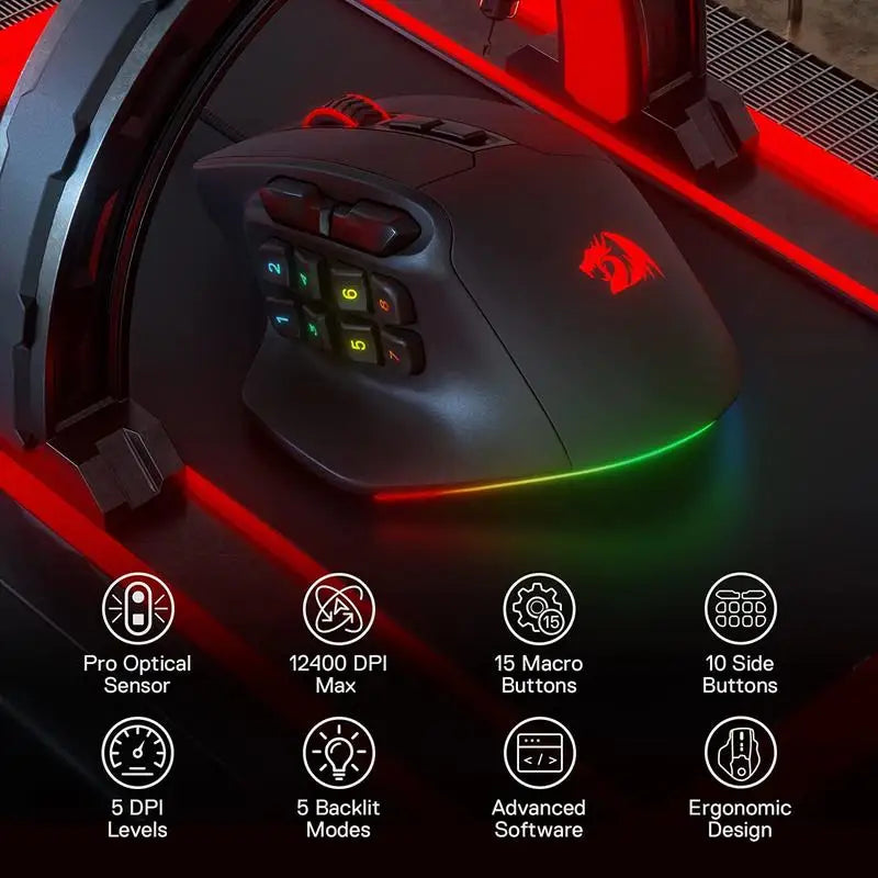 Redragon M811 Aatrox MMO-Gaming-Maus, kabelgebundene RGB-Gamer-Maus mit 15 programmierbaren Tasten und ergonomischer, natürlicher Griffform