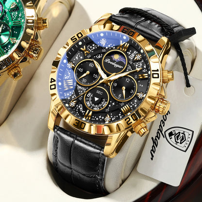 Luksusowy zegarek na rękę POEDAGAR dla mężczyzn – sportowy chronograf, wodoodporny i podświetlany, z skórzanym paskiem, mechanizm kwarcowy