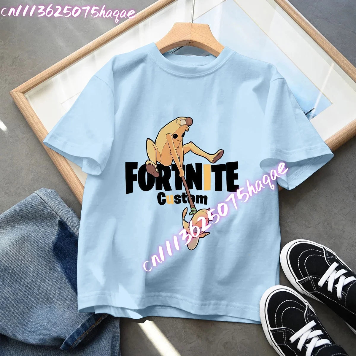 T-shirt azul de algodão Fortnite para criança, camisola de manga curta Fortress Night para bebé, top kawaii com desenho animado para menino e menina, roupa de verão, prenda