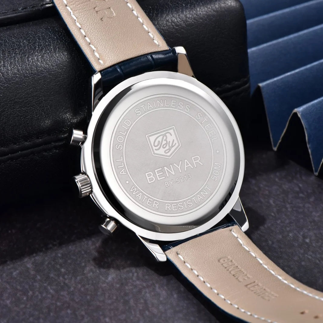 Luxusní pánské hodinky Benyar – chronograf s datem, kožený řemínek, vodotěsné, luminiscenční, sportovní a vojenský styl, quartzové hodinky