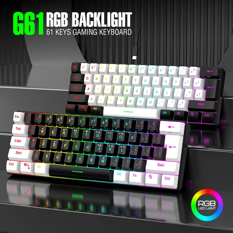 Wasserdichte mechanische 61-Tasten-Tastatur mit Kabel in Weiß, mit schwarzen und blauen Switches, RGB-beleuchtet – Gaming- und Office-Set, PUBG Gamer Backlit