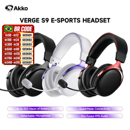 Cuffie gaming AKKO Verge S9 con microfono – Driver da 53mm, Bluetooth wireless quad-mode 5.3, audio surround 7.1, cuffie gaming professionali per FPS