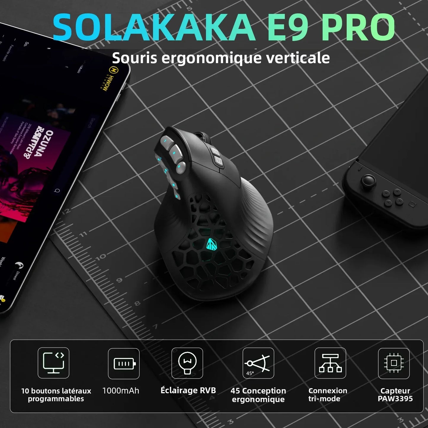 Rato Vertical SOLAKAKA E9 Pro MMO com Sensor PAW3395, Bateria de 1000mAh, Pega Vertical a 45° Ergonómica, Rato Gaming 8K
