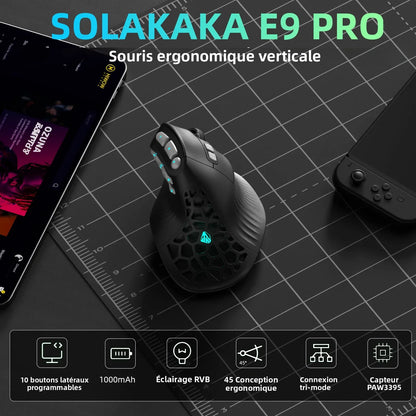 Rato Vertical SOLAKAKA E9 Pro MMO com Sensor PAW3395, Bateria de 1000mAh, Pega Vertical a 45° Ergonómica, Rato Gaming 8K
